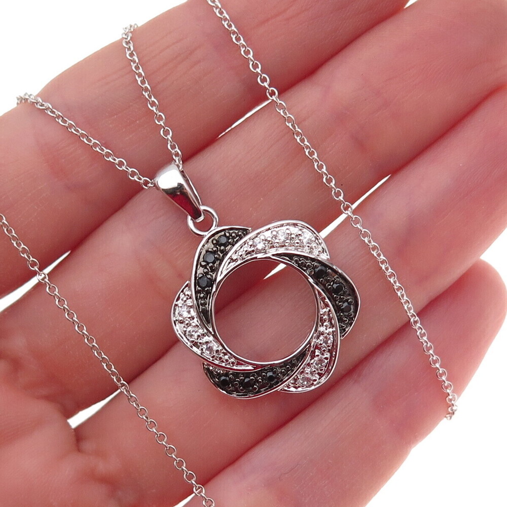 925 Sterling Silver Real Black Spinel & C Z Floral Cable Chain Necklace 18"